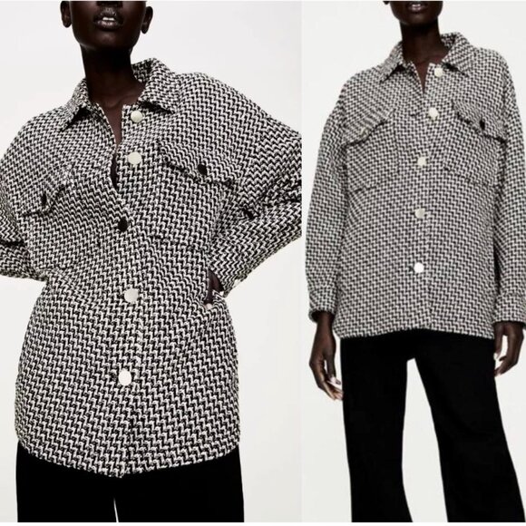 ZARA Black Tweed Woven Boxy Shirt Jacket Black White Italian Fabric Size M - Picture 1 of 9